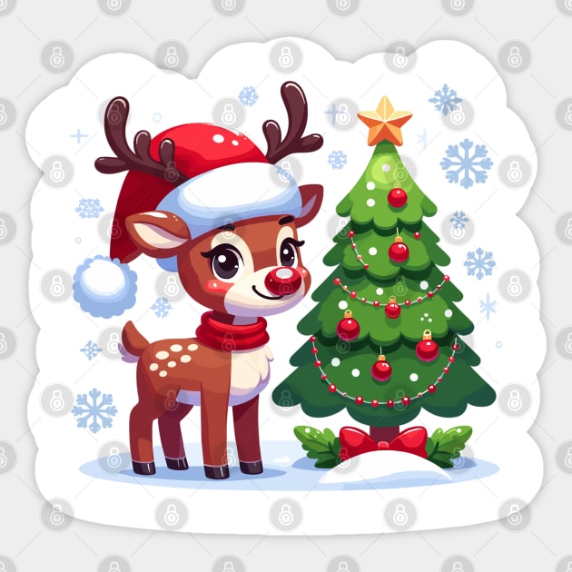 "Jolly Reindeer & Christmas Tree" - Whimsical Holiday Illustration Sticker by WEARWORLD